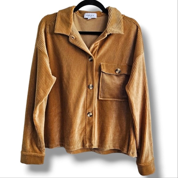 GILLI Velvet Velour Ribbed Mustard Yellow Collared Button Down Top Size Small - Picture 5 of 5